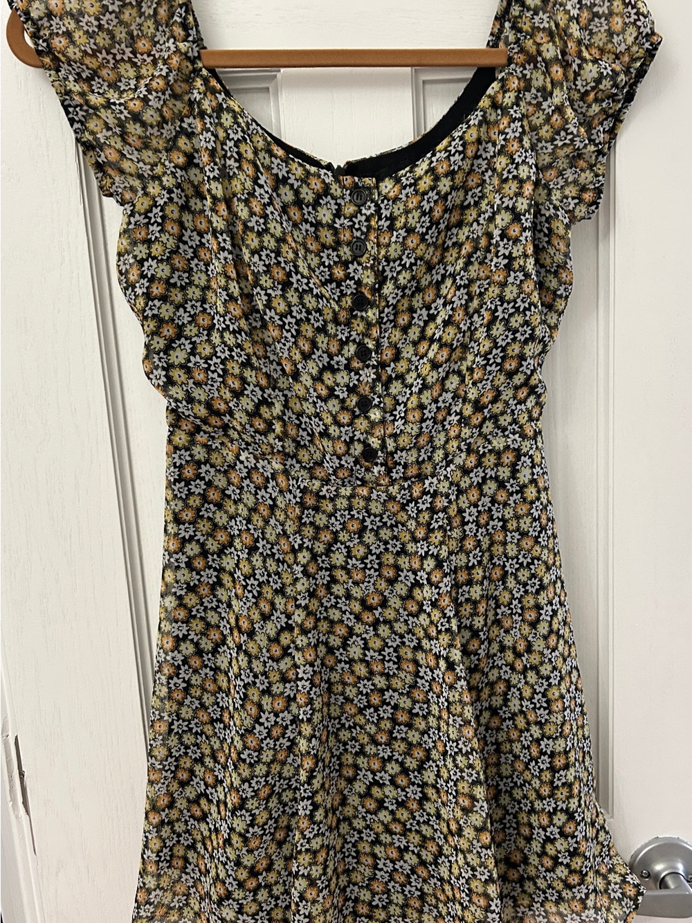 Reformation Black Floral Button-Front Dress with Yellow and White Daisies